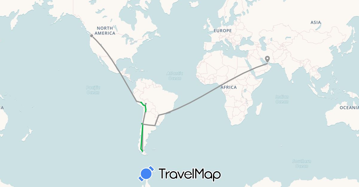 TravelMap itinerary: driving, bus, plane in United Arab Emirates, Argentina, Bolivia, Brazil, Chile, Peru, United States (Asia, North America, South America)