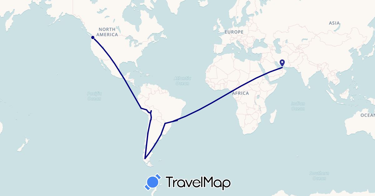 TravelMap itinerary: driving in United Arab Emirates, Argentina, Bolivia, Brazil, Chile, Peru, United States (Asia, North America, South America)